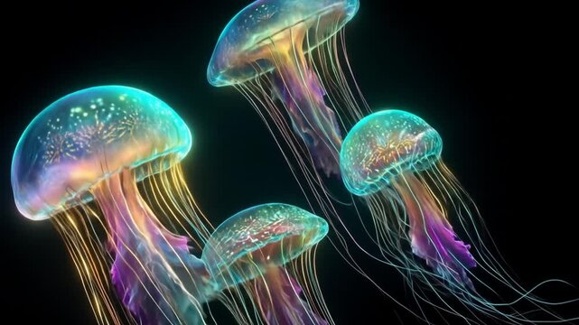 Vibrant underwater scene bioluminescent jellyfish in deep blue