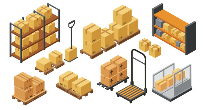 Isometric warehouse elements boxes, shelving, and carts for efficient storage solutions