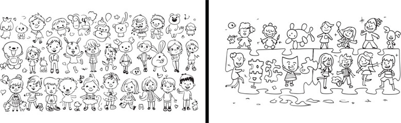 Kids Party Illustration, Birthday Celebration Doodle, Cake and Balloons Sketch, Happy Children Art, Fun Party Clipart, Friendship Cartoon Vector, Cute Characters Drawing, Festive Kids Outline, Joyful 