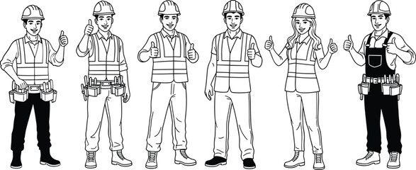 Team of construction workers in safety helmets and vests, engineering professionals, teamwork concept, architecture industry, skilled builders illustration, safety, confidence, collaboration, success.
