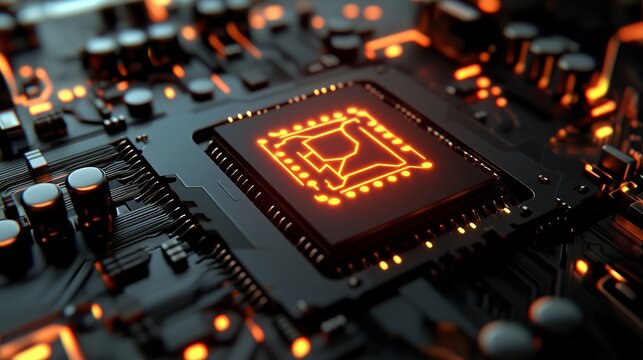 Digital cybersecurity encryption chip with glowing orange light on hardware. Secure processor protecting sensitive data and network connections from threats.High-tech motherboard representing advanced