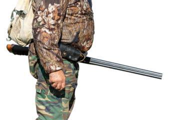 Close-up of a hunter's hand with a gun. Medium shot of a hunter with a weapon.