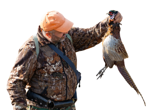 A hunter holds a pheasant in his hands. A successful hunt, a trophy game.