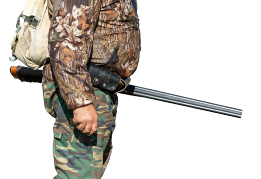 Close-up of a hunter's hand with a gun. Medium shot of a hunter with a weapon. - Powered by Adobe