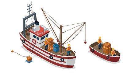Isometric fishing boat scene with workers and cargo on open water