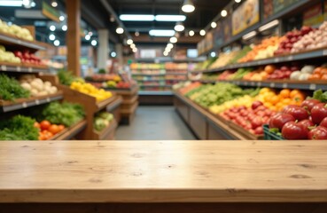 Obraz premium View of grocery store produce aisle with shelves filled with fresh fruits and vegetables. Wooden table in foreground offers space for product placement.