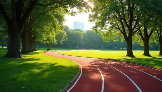 Red running track curves through green park grassy field. Tall trees line path sunny day. Distant city building visible across sports stadium. Man jogs.