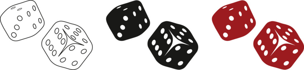 Set of dice illustrations in black, red, and outline styles showing rolling motion. Casino and gaming concept art for luck, probability, or gambling themes. Minimal vector dice collection on white bac