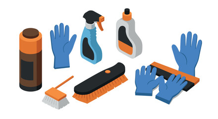 Essential isometric cleaning tools collection for modern home and office hygiene