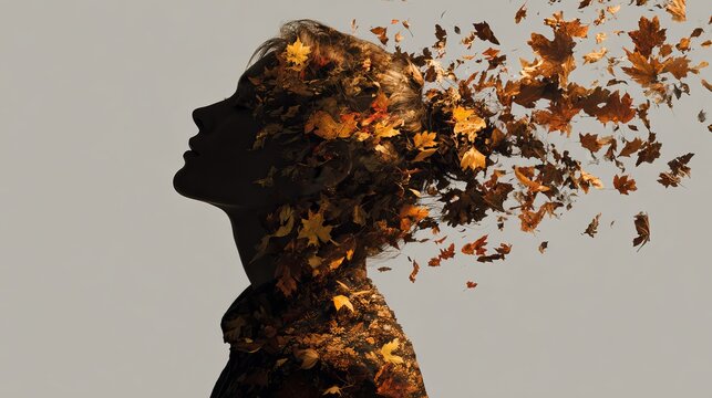 Captivating profile silhouette of a woman dissolving into vibrant autumn leaves, symbolizing change and natural beauty.