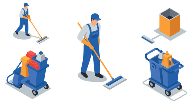 Isometric cleaning crew professional tools and equipment for thorough maintenance