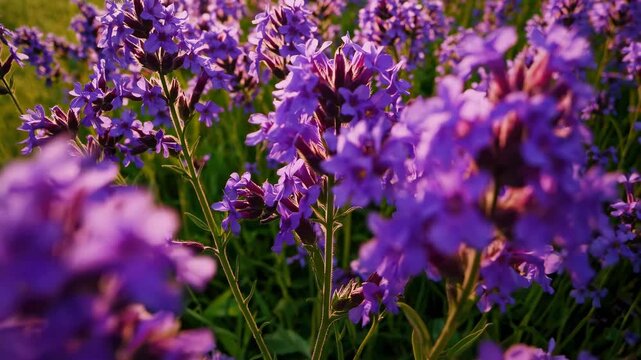 A close-up video captures vibrant purple lavender flowers in a field, with a low-angle view highlighting their lushness against a blurred green backdrop. Live desktop wallpaper.