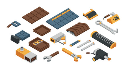 Isometric construction tools and materials set in modern design