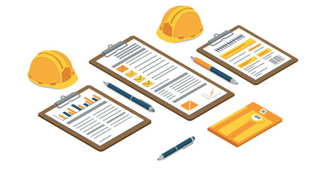 Isometric construction documents and equipment with hard hats and clipboards