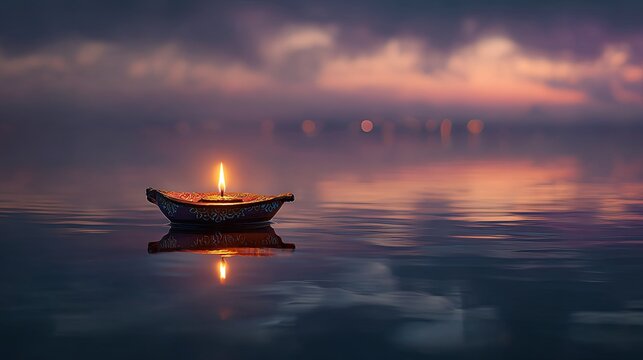 Tranquil Diya Floating on Water at Dusk for National Youth Day Celebration