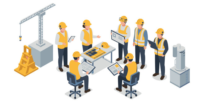 Construction team meeting in isometric style with engineers and architects