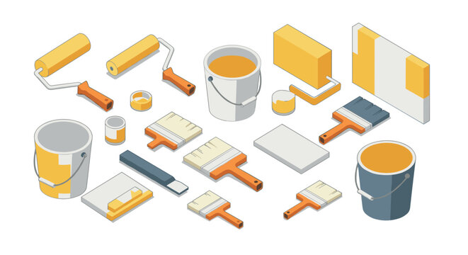 Isometric painting tools set with brushes, rollers, and paint buckets in yellow and gray tones