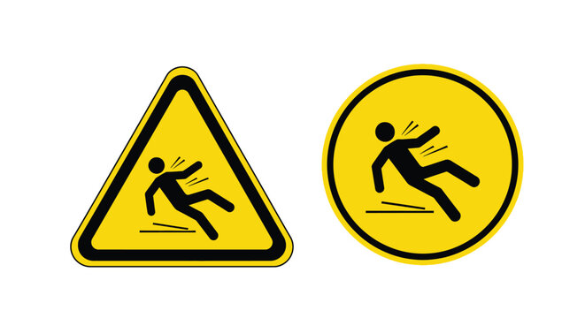 Caution slippery surface warning signs depicting a person slipping on ice