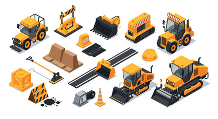 Isometric construction equipment set featuring heavy machinery and traffic signs