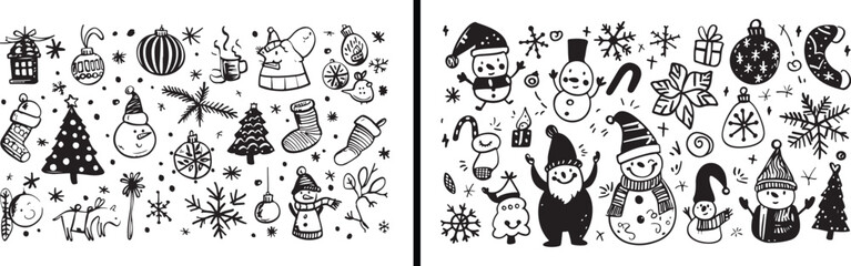 Christmas Kids Illustration, Holiday Celebration Doodle, Santa Claus Drawing, Xmas Tree Decoration Art, Gift Box Sketch, Winter Festival Cartoon, Holiday Party Vector, Cute Reindeer Outline, Merry Chr