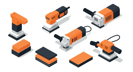Isometric power sanders collection in orange and black for industrial and diy projects