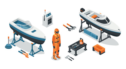 Isometric boat repair scene with worker, tools, and equipment in workshop setting
