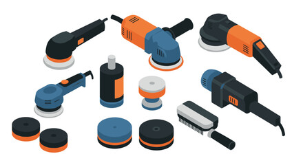 Isometric power tools set in blue and orange for industrial and diy projects