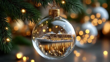 Glass Christmas ornament mirroring cruise vessel resting on wooden surface, blurred holiday lights and festive tree creating nautical seasonal atmosphere - Powered by Adobe