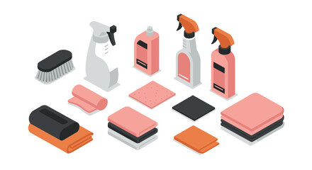 Isometric cleaning supplies set with spray bottles and cloths on white background