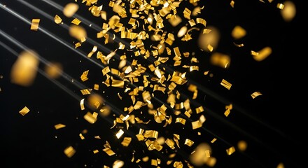 Golden Confetti Falling with Light Rays on Black Background - Celebration and Award Concept
