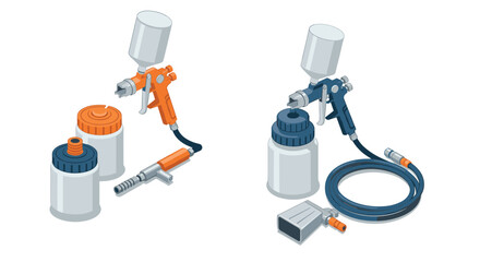Isometric airbrush kit with hoses and jars in detailed vector design