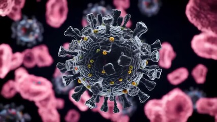 Microscopic view of a coronavirus particle also known as COVID19 surrounded by red blood cells illustrating the viral infection and its impact on the human body at a cellular level. - Powered by Adobe