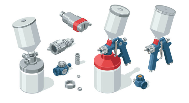 Isometric airbrush equipment set with tools and accessories for painting projects