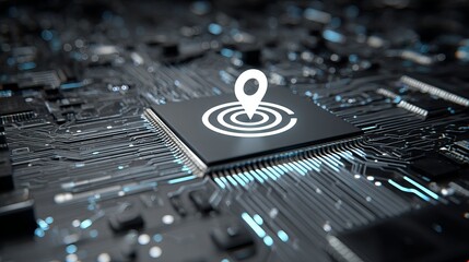 Digital pinpoint location marker on futuristic circuit board, symbolizing navigation and connectivity in modern technology systems.