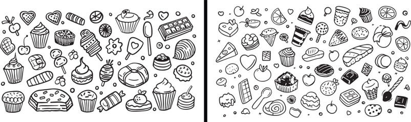 Ice cream clipart, cupcake doodle art, chocolate bar sketch, pizza slice vector, hotdog line drawing, dessert hand drawn design, snack illustration pack, sweet treat outline, cartoon food clipart, cut