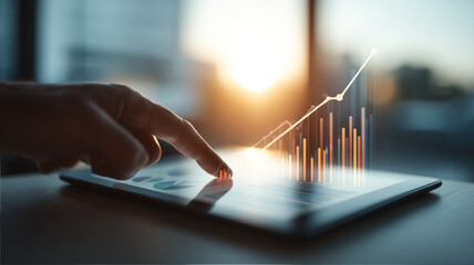 Close-Up of Tablet Displaying Financial Growth Charts with Asian Professional’s Hand Pointing, Bright Modern Office Setting, Corporate Style