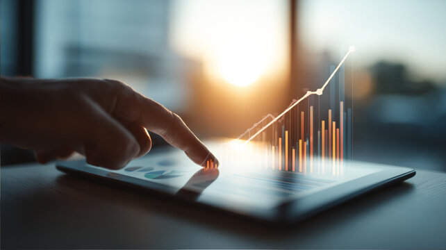Close-Up of Tablet Displaying Financial Growth Charts with Asian Professional’s Hand Pointing, Bright Modern Office Setting, Corporate Style - Powered by Adobe