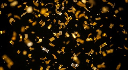 Golden Confetti Falling on Black Background, Celebration Concept