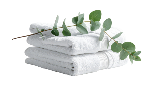 Plush White Towels with Eucalyptus Branch, Fresh Spa-Style Bath Linen on Transparent Background