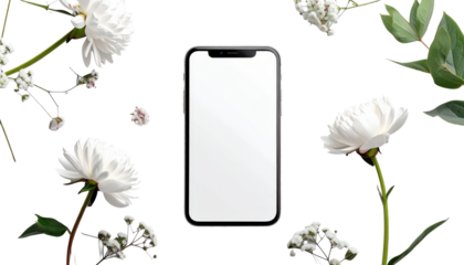Elegant Transaprent Background Smartphone Mockup Surrounded by White Flowers and Green Leaves