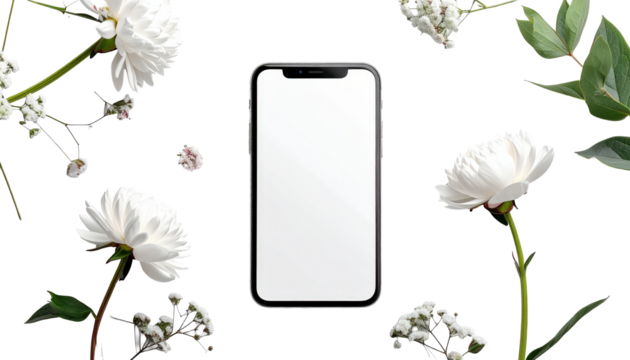 Elegant Transaprent Background Smartphone Mockup Surrounded by White Flowers and Green Leaves - Powered by Adobe