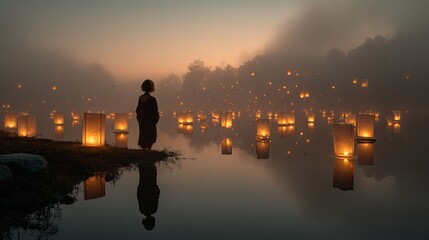 Fototapeta premium Serene Lantern Festival Reflection at Dawn