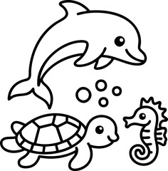 Simple and adorable ocean animals like dolphin, turtle, and seahorse in a coloring book