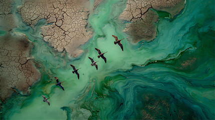 Flock of birds flying over cracked earth and green water aerial top down