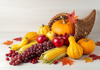 Cornucopia overflowing with autumn harvest fruits and vegetables, including pumpkins, apples, grapes, and corn, on a rustic wooden surface with fall leaves