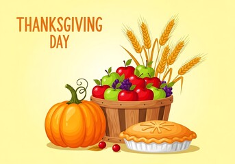 Happy thanksgiving day illustration with a pumpkin, basket of apples, and a pie on a yellow background, celebrating autumn harvest and gratitude