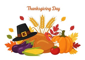 Thanksgiving day cartoon illustration featuring a roasted turkey, pumpkin, corn, eggplant, and a pilgrim hat, symbolizing the traditional holiday feast
