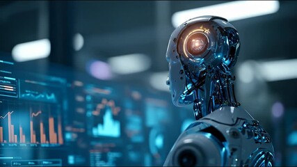 Advanced android analyzing complex financial data on futuristic holographic interface screens. - Powered by Adobe