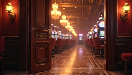 Open door shows dimly illuminated casino interior. Slot machines, chairs, decorative floor with ornament seen. Lights create warm luxurious ambience. Brings atmosphere of risk, chance in vintage