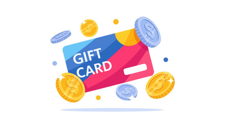 Colorful gift card voucher with floating gold and silver coins. Flat Vector Illustrations. EPS Editable